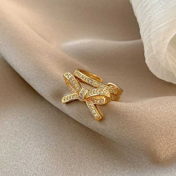 Anneaux de bande Vintage noeud papillon Zircon anneaux réglables pour les femmes en acier inoxydable couleur or anneaux de mariage femme bijoux esthétiques 240125