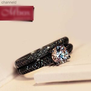 Bandringen Vintage vrouwelijke Crystal Round Wedding Ring Set Fashion Black Gold Bridal Engagement Ring belofte zirkon stenen ringen voor damesl230518