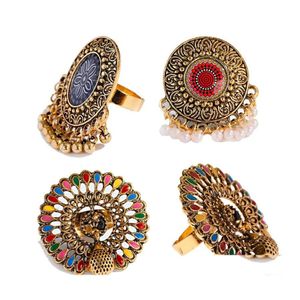 Anillos de banda Vintage Color Oro Mujeres Joyería India Grabado Patrón de Flor Retro Fiesta Femenina Perla Borla Anillo de Dedo Elegante Drop D OTD3T