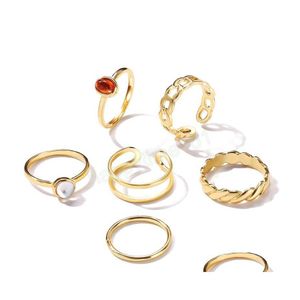 Bandringen Vintage Gold Mix Grootte 6pc S/Set Ring Sets For Women Girls Punk Geometric Gemstone Chain Link Finger Rings Sieraden Geschenken D Dhycd