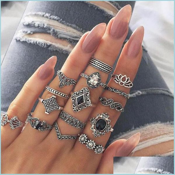 Anillos de banda Vintage chapado en oro Serpiente Elefante Anillos de hoja para mujer Gótico Punk Flor Corazón Ajustable Anillo de mariposa Conjuntos Vipjewel Dhsqn