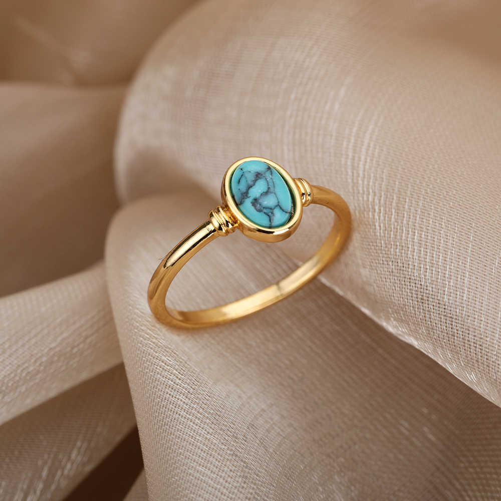 Band Rings Vintage Green Oval Stone Rings For Women Stainless Steel Gold Color Opal Ring Trendy Aesthetic Jewelry Wedding Gift anillos AA230417