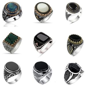 Band Ringen Vintage Handgemaakte Turkse Signet Ring Voor Mannen Vrouwen Oude Sier Kleur Zwart Onyx Steen Punk Religieuze Sieraden Drop leveren Smtxk