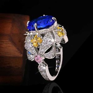 Band anneaux bijoux vintage Luxury Big Sapphire 925 argent sterling pour les femmes Élégant fiançailles fleuries Anniversaire de mariage H240425