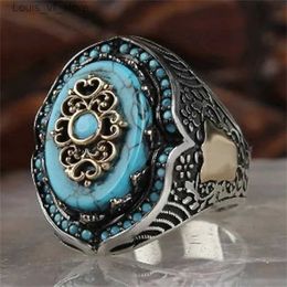 Bands Anneaux Vintage Men Ring Blue Stone Silver Color Metal Inlaid Flower Flower Party Bielry Gift H240424