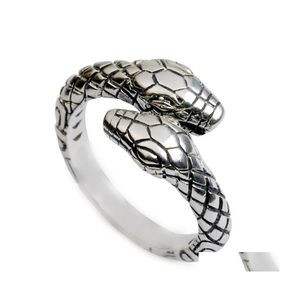 Anillos de banda Vintage Hombres Mujeres Apertura Redimensionable Doble Cabeza Serpiente 925 Sier Punk Hip Hop Joyería Rap Rock Cture Animales Forma Anillo Dr DH7VY