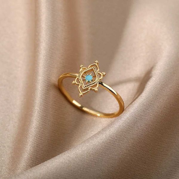 Anneaux de bande anneau de fleur de lotus opale vintage pour les femmes en acier inoxydable anneau de mariage plaqué aesthés esthétique bijoux anillos