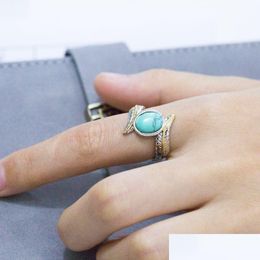 Bande Anneaux Vintage Personnalisé Plume Turquoises Anneau De Mode Bijoux Sier Couleur Pour Les Femmes Doigt En Gros Drop Delivery Dhazr