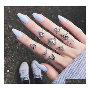 Bandringen Vintage Punk Knuckle Boho Midi Ring Set 9 PCS/Set Mermaid Tail Compass Yoga Holg gesneden bruiloft Drop levering sieraden Dhazh