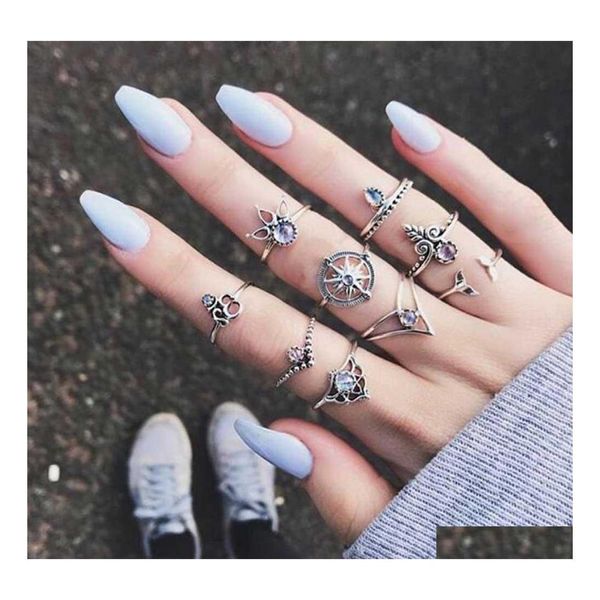 Anillos de banda Vintage Punk Knuckle Boho Midi Ring Set 9 PCS / Set Sirena Cola Brújula Yoga Hueco Tallado Boda Gota Entrega Joyería Dhazh