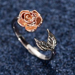 Bande Anneaux Vintage Rouge Rose Fleur Feuille Réglable Doigt Anneaux De Mariage pour Femmes Argent Couleur Zircon Ouvert Anneau Glamour Bijoux Fille Cadeau