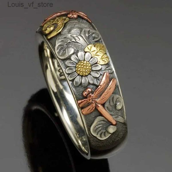 Anneaux de bande Vintage Silver and Rose Gold Color Dragonfly Ring de tournesol UNIQUE FLORME FLEUR FEMMES FEMMES DE LEG FIENCHIE BIELRIE H240424