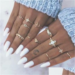 Anillos de banda Vintage Star Opal Crystal Finger Ring Set 13 unids Bohemian Gold Moon Crown Knuckle Mujeres Playa Boda Fiesta Joyería Accesso Dhzq8