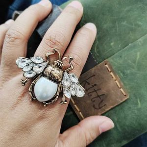 Bandringen Vintage Verklaring Crystal Pearl Bees Ringen voor vrouwen verstelbare vinger vrouwelijke sieraden 240125