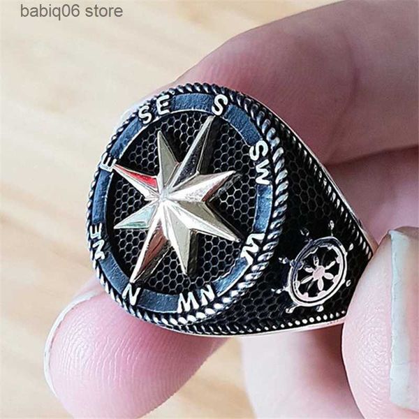 Anillos de banda Vintage Viking Compass Timón Anillo de ancla para hombres Anillos de fiesta punk Joyería gótica de acero inoxidable T230727