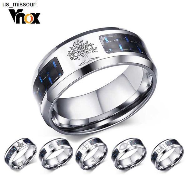 Anillos de banda Vnox 8 mm Personalizar Anillo de fibra de carbono para hombre Grabado Árbol de la vida Acero inoxidable Alianza masculina Casual Personalizar Joyería Banda J230522