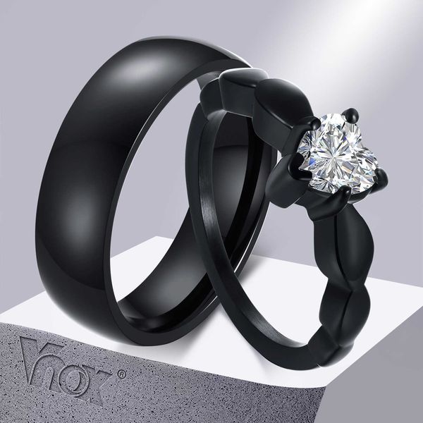 Anillos de banda Vnox Corazón romántico CZ Piedra Pareja Anillos de boda para Mujeres Hombres Color negro Bandas de acero inoxidable Joyería de compromiso Regalo de amor Z0327