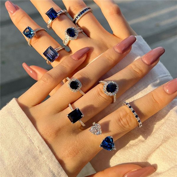 Anillos de banda Wed Diamond Zafiro Anillo de diseñador para mujer Plata de ley 925 Circonia azul Redondo Cuadrado Corazón Compromiso de boda de lujo Anillos para mujer Caja de regalo de joyería