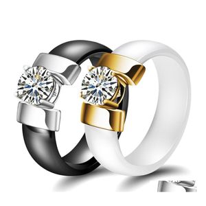 Anillos de banda Blanco Negro Cerámica Plus Cubic Zirconia para mujeres Color Oro Anillo de bodas de acero inoxidable Joyería de compromiso Entrega de gota Dhevu