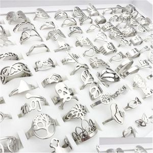 Bandringen Groothandel 100stcs/Lot Mens Dames Roestvrij staal Sier Laser Cut Patronen Hollow Caned Flowers Mix Styles Fashion Jewelry P OTRJU