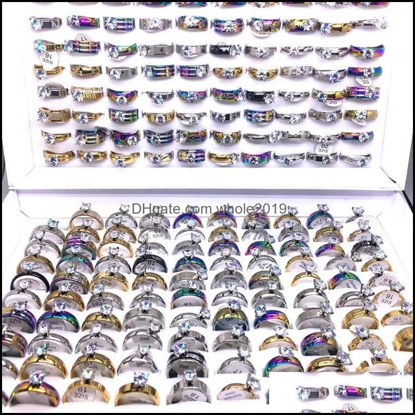 Anillos de banda Venta al por mayor 100 unids Moda para mujer Zircon Rhinestone Romántico Boda Joyería Drop Entrega Dhtu8