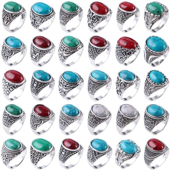 Anneaux de bande en gros 30pcs / lot vintage Bohême géométrie turquoises anneau en pierre pour hommes femmes doigts antique couleurs bijoux fête des cadeaux 231222