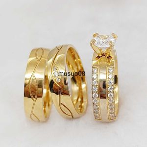 Bagues De Bande En Gros 3pcs Promesse De L'amant De Mariage Bagues De Fiançailles Ensembles Pour Les Couples Vintage À La Main 24k plaqué or Bijoux De Mode Anneau J230602