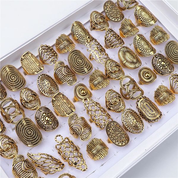 Anillos de banda al por mayor a granel 20 piezas lotes vintage flor tallada metal chapado en oro para joyería de mujer 231218