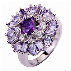 Bagues De Bande En Gros Charmes Exquis Fleur Anneau Tourmaline Violet Blanc Cz Sier 925 Taille 7 8 9 10 11 12 Séduisante Femmes Bijoux Dro Dhcil