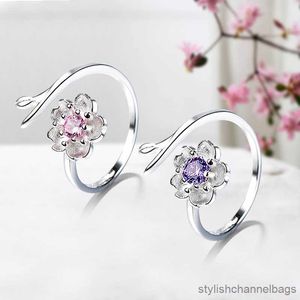 Bandringen damesmode schattige sakura bloemringen charm kubieke ziron stone setting simpele stijl romantische open ring sieraden accessoire