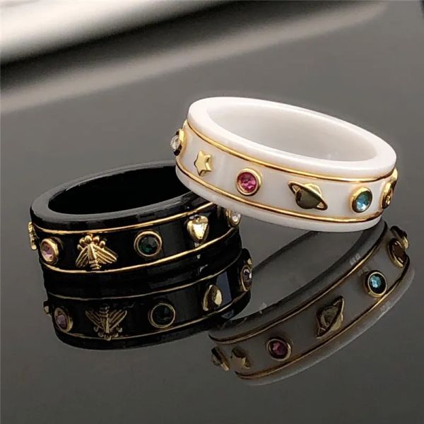 Anillos de banda Anillos de abeja de diseño para mujer Anillo de porcelana Compromisos para hombre Anillo blanco grabado Cerámica Joyería Boda Negro g Anillos Adornos 23695d