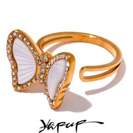 Anneaux de bande Yhpup exquis naturel coquille CZ en acier inoxydable papillon anneau incrusté cubique zircone couleur or bijoux de mode accessoires 231219