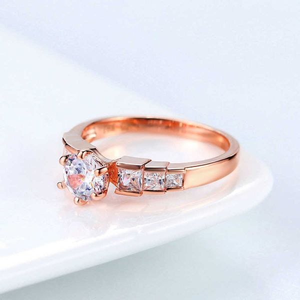 Anillos de banda ZHOUYANG Anillo de bodas para mujer Color oro rosa Seis garras Zirconia cúbica Corte redondo Regalo de fiesta de compromiso Joyería de moda R680 G230327