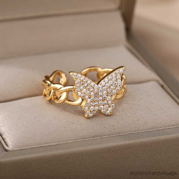 Anillos de banda, anillos de mariposa de circón para mujer, anillo ajustable de dedo trenzado de acero inoxidable, regalo de joyería para fiesta y boda