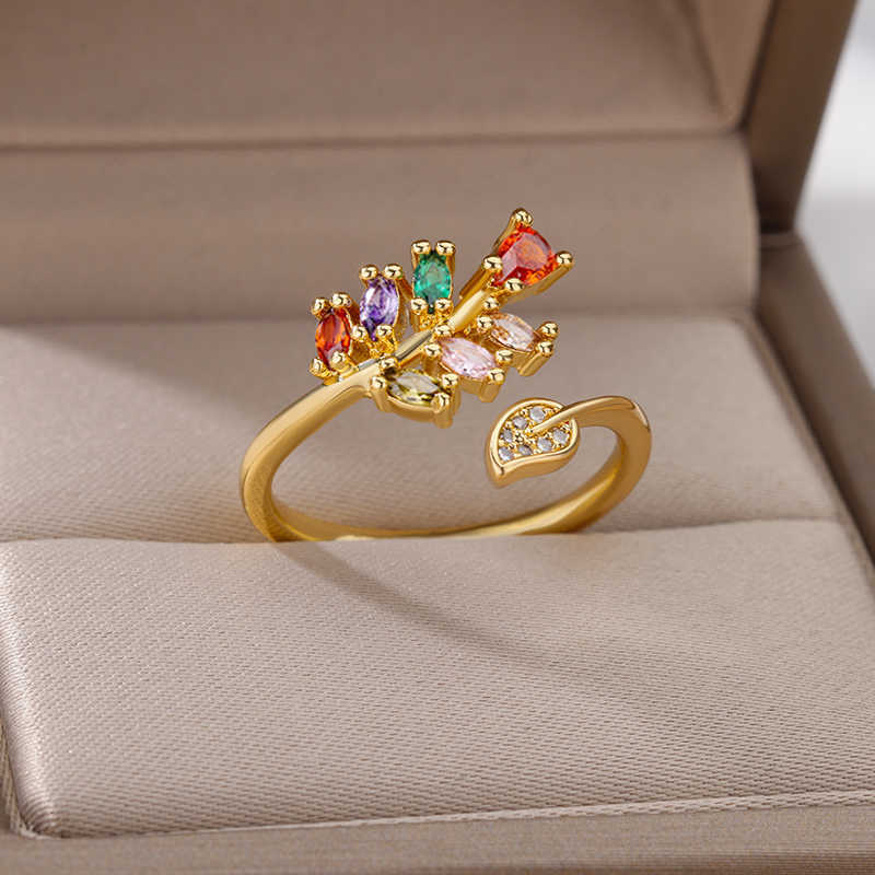 Pierścienie opaski z cyrkon kolorowe liście pierścienie dla kobiet stal nierdzewna regulowana gałąź drzewa liście pierścionka Pierścień Wedding zaręczynowy Prezent AA230426