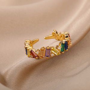 Bandringen Zirkon Crystal Stone Rainbow Rings For Women roestvrij staal Gold vergulde bruiloftspaar Ring Kerst sieraden Gift Bijoux Femme P230411