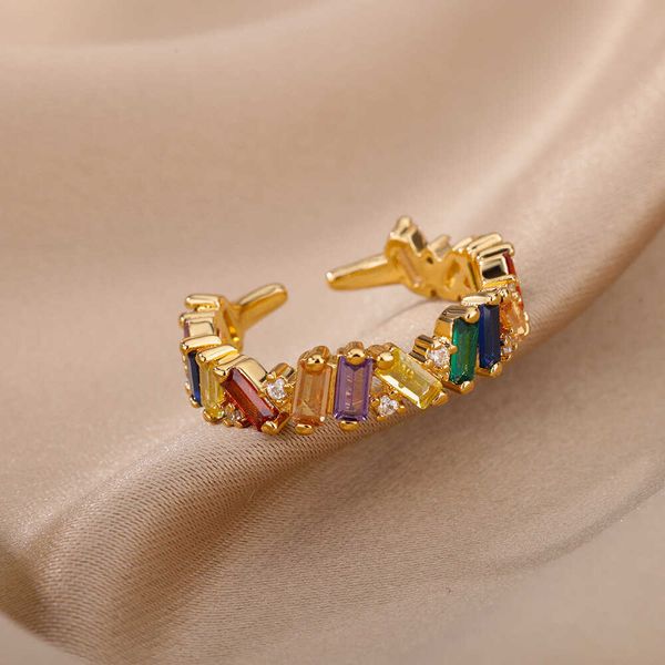 Anillos de banda Anillos de arco iris de piedra de cristal de circón para mujer Anillo de pareja de boda chapado en oro de acero inoxidable Regalo de joyería de Navidad Bijoux Femme P230411