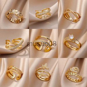 Band Rings Zircon Double Layer Open Rings For Women Gold Plated Adjustable Stainless Steel Ring Wedding Aesthetic Jewelry Gift Bijoux Femme J230817