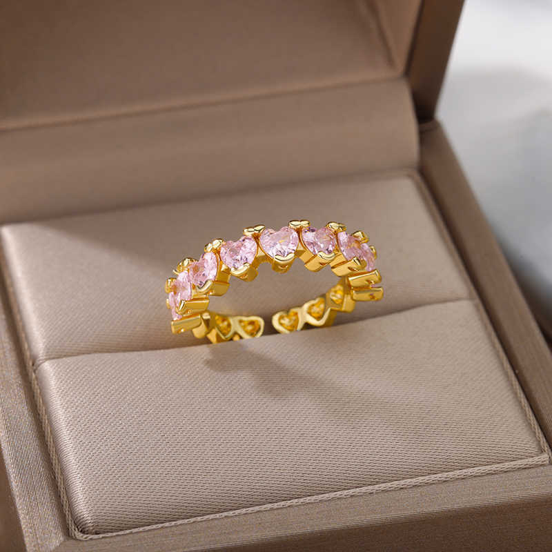 حلقات حلقات Zircon Pink Heart Rings للنساء من الفولاذ المقاوم للصدأ غير منتظم قابلة للتعديل خاتم رنين الإناث زفاف المجوهرات الهدية AA230426