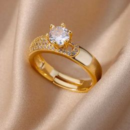 Band anneaux ronds en acier inoxydable pour femmes zircon géométrique or couleur cristal anneau esthétique de mariage fête bijou de cadeaux Femme J240326