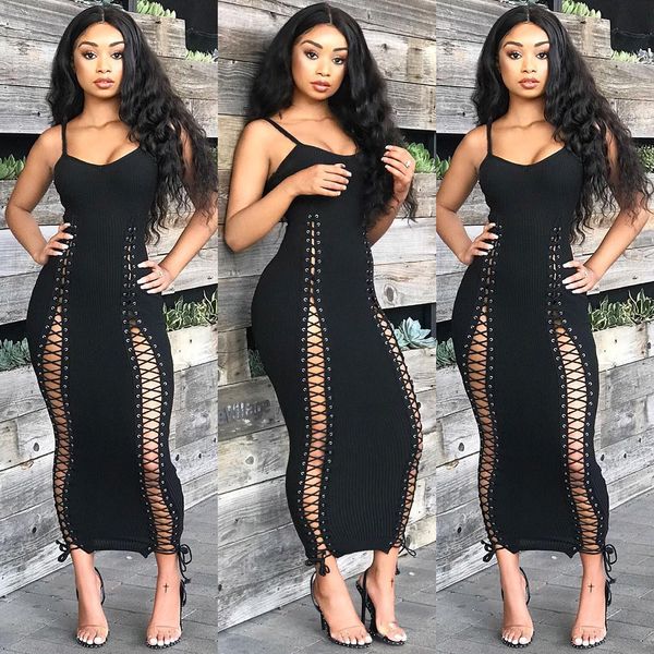 Vendaje Bodycon Vestidos de fiesta Mujeres Sexy Negro Algodón Correas espaguetis Cuello en V Lado con cordones Ojales Niñas Midi Cocktail Club Vestido de fiesta