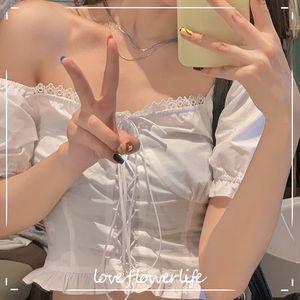 Bandage Design White Elegant Y2K Shirt Femmes Kawaii Blouse douce et tops Office de style coréen Lady Sexy Crops Tops Summer 210521