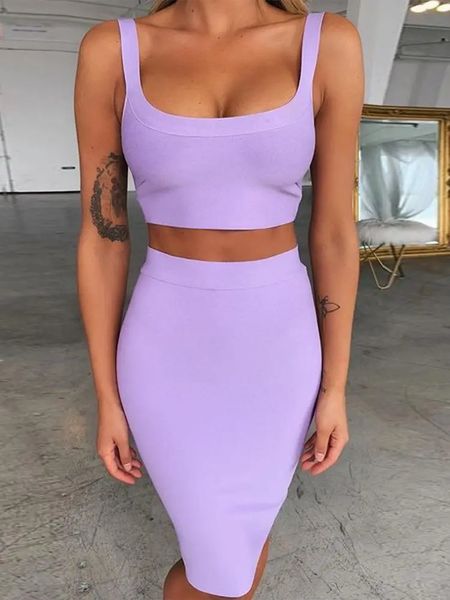 Ensemble de robe à bandes, ensemble jupe deux pièces Sexy, jupe moulante lilas et haut assortis pour fête en Club, été 240323