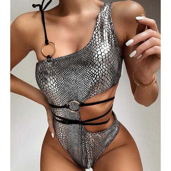 Bandage Snake Print Femmes Maillot de bain Monokini Brésilien Sexy Bikini Mujer Baigneurs High Cut Maillots de bain Femme Biquinis 210604