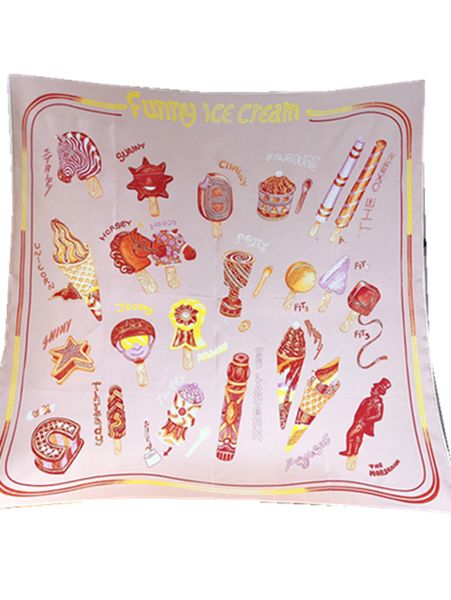 Bufanda de bandana para mujeres Bufandas cuadradas Bufandas de cuello cuadrado París Capazón Diebre Bufanda Patrón de helado divertidos Bordos enrollados a mano seda90x90cm