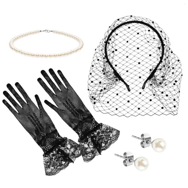 Bandanas 1 Set Velo Diadema Mujeres Niñas Accesorios de fiesta de té Guantes de malla de encaje negro Pendientes de collar de perlas