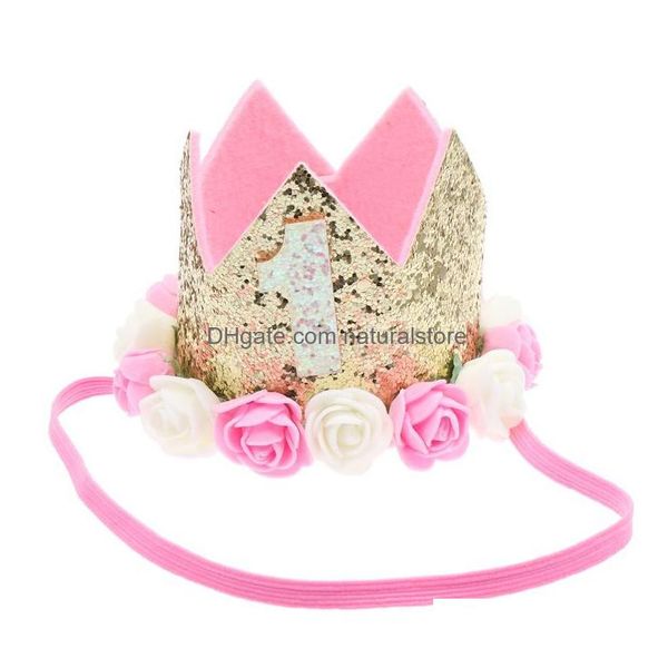 Bandanas 1pcs Tiara Couronne 1er anniversaire Rose Fleur Chapeau Po Props pour photo 1 Drop Livraison Accessoires de mode Chapeaux Foulards Gants WR Dhkfj