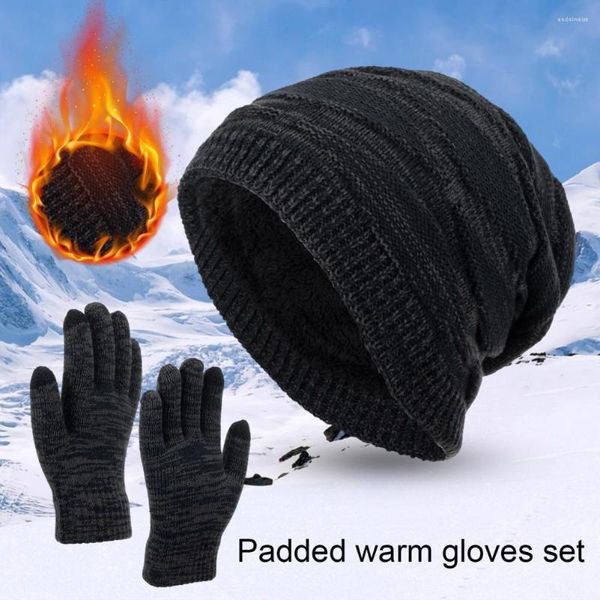 Bandanas 2 pièces/ensemble tricoté chapeau gants doublure en peluche épaissie hiver doux thermique tricot bonnet écran tactile Kit