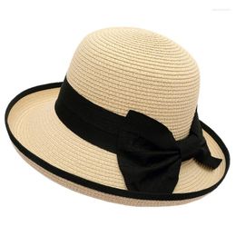 Pañuelos estilo británico sombrero de paja de verano para mujer Sun Bowknot blanco negro rosa azul marino Beige elegante señoras