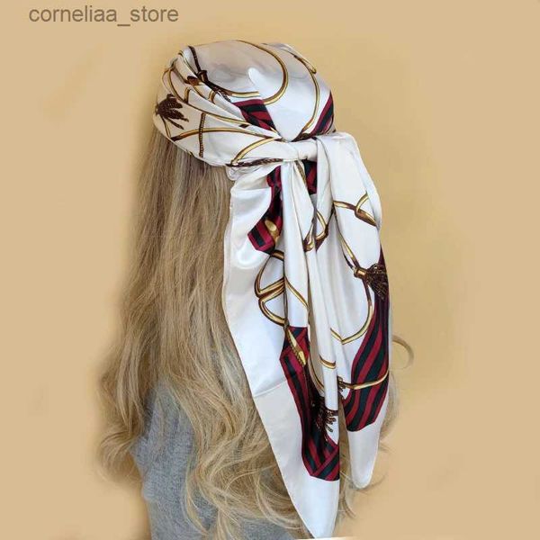 Bandanas Durag Bandanas Durag 90*90 cm Foulard en soie femmes imprimer cheveux cou carré bureau dames châle Bandanna musulman Hijab mouchoir silencieux Foulard femelle Y240325